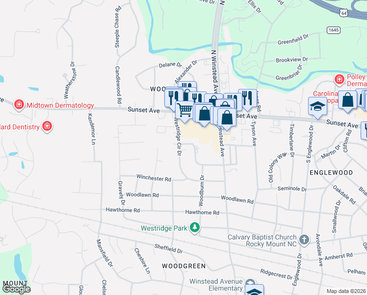 map of restaurants, bars, coffee shops, grocery stores, and more near 3629 Westridge Cir Dr in Rocky Mt