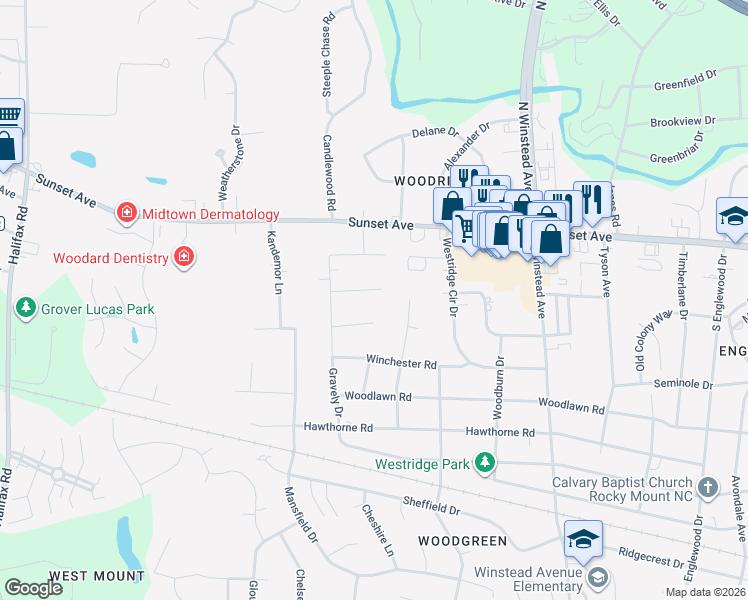 map of restaurants, bars, coffee shops, grocery stores, and more near 120 Newby Court in Rocky Mount