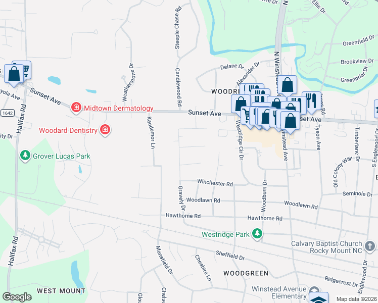 map of restaurants, bars, coffee shops, grocery stores, and more near 105 Shannon Court in Rocky Mount