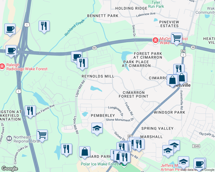 map of restaurants, bars, coffee shops, grocery stores, and more near 1409 Reynolds Mill Road in Wake Forest