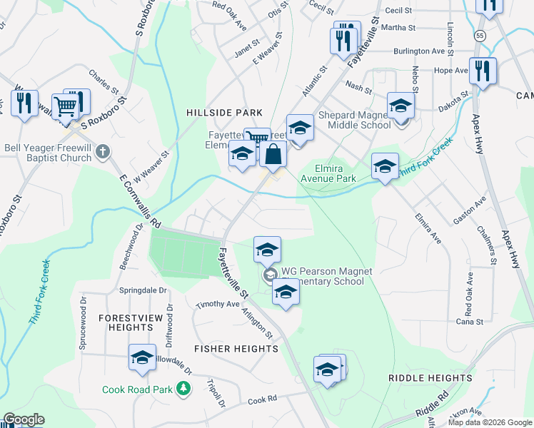 map of restaurants, bars, coffee shops, grocery stores, and more near 527 Homeland Avenue in Durham