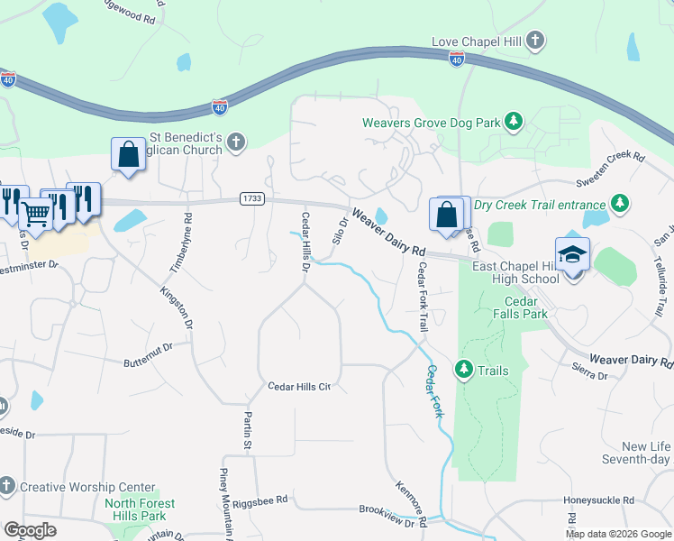 map of restaurants, bars, coffee shops, grocery stores, and more near 152 Cedar Hills Circle in Chapel Hill