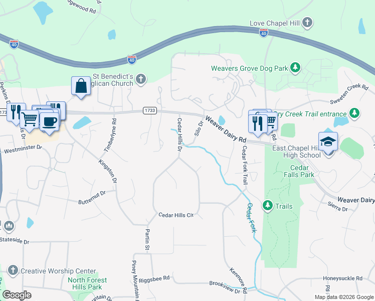map of restaurants, bars, coffee shops, grocery stores, and more near 152 Cedar Hills Circle in Chapel Hill