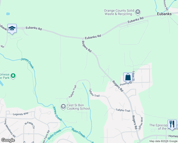 map of restaurants, bars, coffee shops, grocery stores, and more near 6007 Meadow Run Court in Chapel Hill