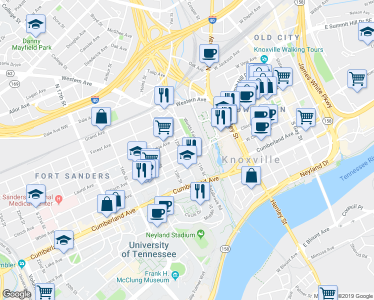 map of restaurants, bars, coffee shops, grocery stores, and more near 1201 Clinch Avenue in Knoxville