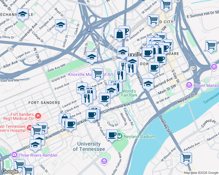 map of restaurants, bars, coffee shops, grocery stores, and more near 509 11th Street in Knoxville