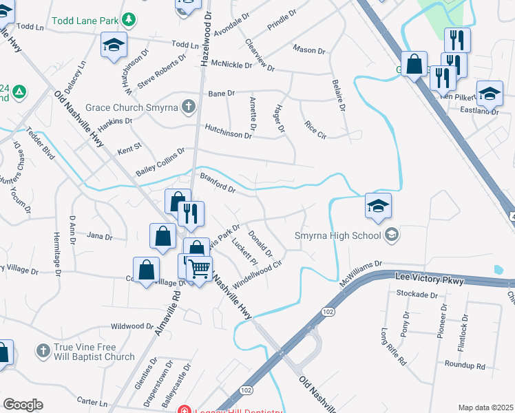 map of restaurants, bars, coffee shops, grocery stores, and more near 504 Windellwood Circle in Smyrna