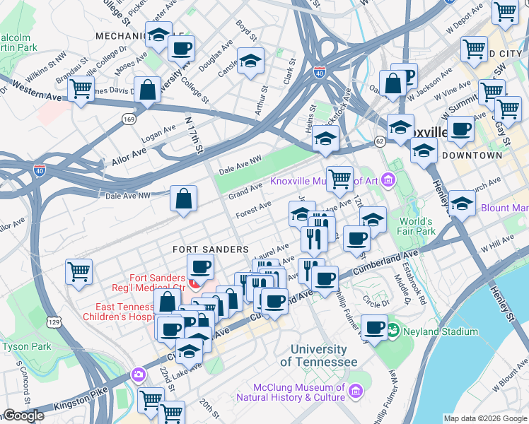 map of restaurants, bars, coffee shops, grocery stores, and more near 211 16th Street in Knoxville