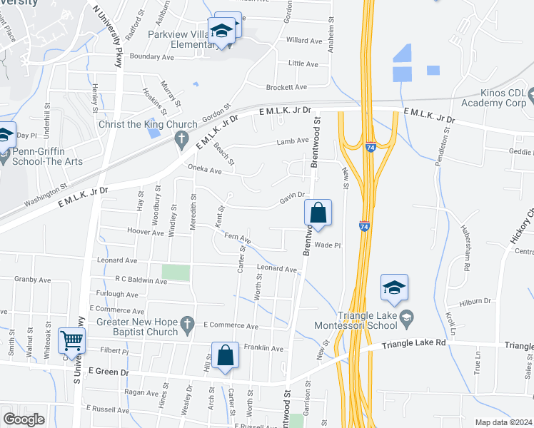 map of restaurants, bars, coffee shops, grocery stores, and more near 1722 Gavin Drive in High Point