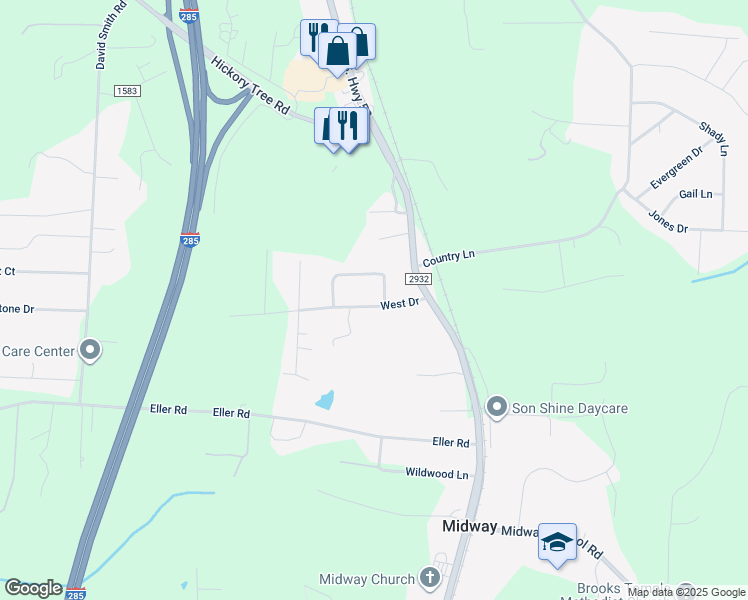 map of restaurants, bars, coffee shops, grocery stores, and more near 121 Tower Circle Drive in Winston-Salem