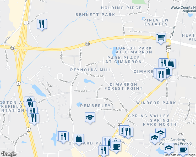 map of restaurants, bars, coffee shops, grocery stores, and more near 1413 Reynolds Mill Road in Wake Forest