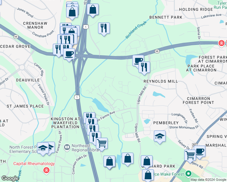 map of restaurants, bars, coffee shops, grocery stores, and more near 966 Blue Bird Lane in Wake Forest