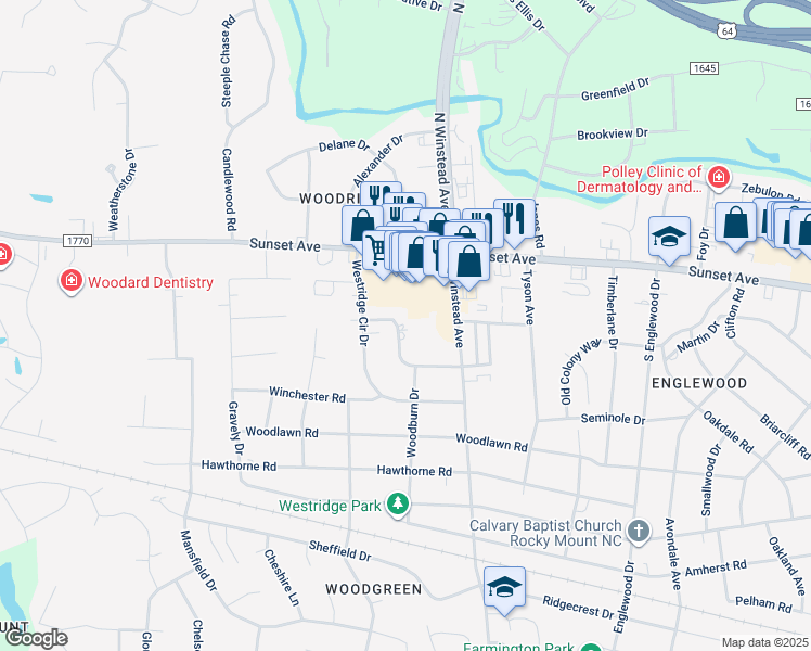map of restaurants, bars, coffee shops, grocery stores, and more near 3612 Colonial Lane in Rocky Mount