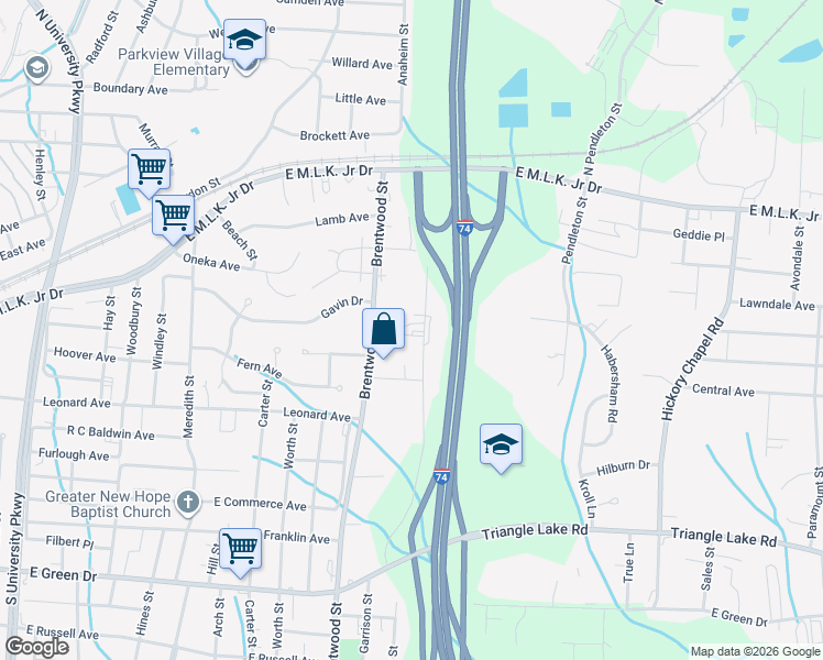 map of restaurants, bars, coffee shops, grocery stores, and more near 312 New Street in High Point