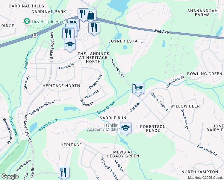 map of restaurants, bars, coffee shops, grocery stores, and more near 713 Walters Drive in Wake Forest