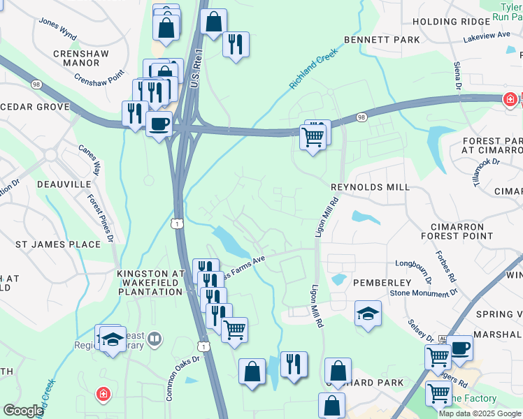 map of restaurants, bars, coffee shops, grocery stores, and more near 966 Blue Bird Lane in Wake Forest
