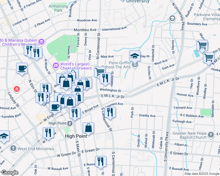 map of restaurants, bars, coffee shops, grocery stores, and more near 621 Washington Street in High Point