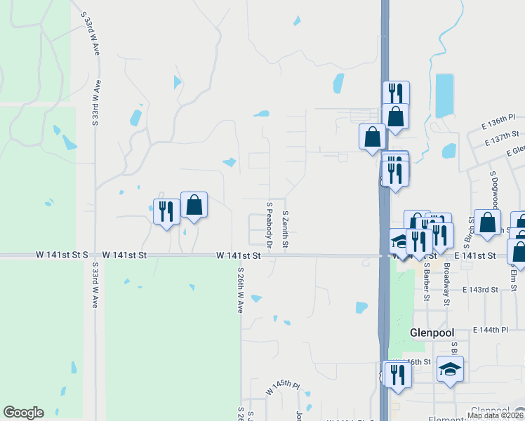 map of restaurants, bars, coffee shops, grocery stores, and more near 958 West 139th Place in Glenpool