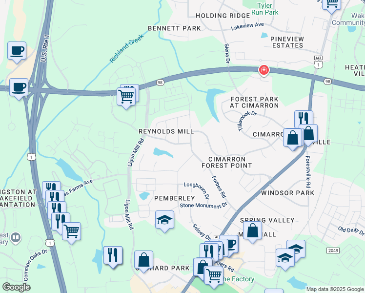 map of restaurants, bars, coffee shops, grocery stores, and more near 1409 Reynolds Mill Road in Wake Forest