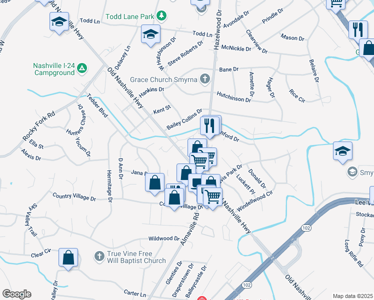 map of restaurants, bars, coffee shops, grocery stores, and more near 11700 Old Nashville Highway in Smyrna