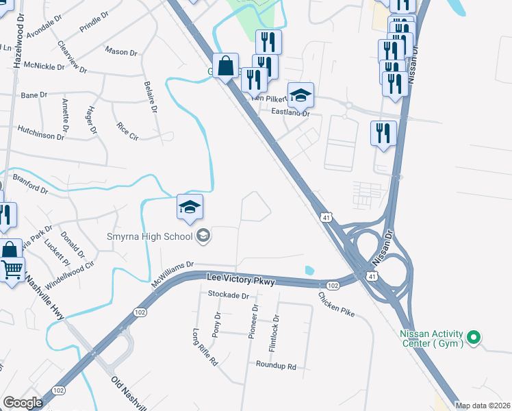 map of restaurants, bars, coffee shops, grocery stores, and more near 200 Bulldog Circle in Smyrna