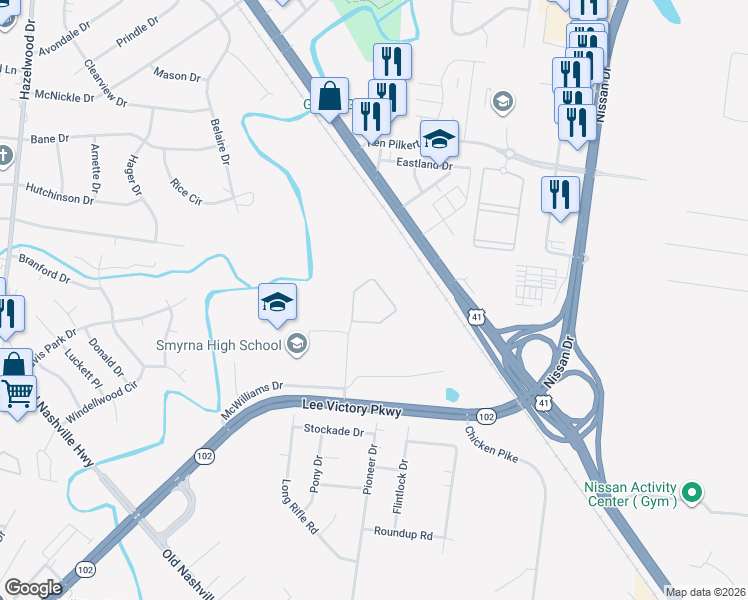 map of restaurants, bars, coffee shops, grocery stores, and more near 200 Bulldog Circle in Smyrna
