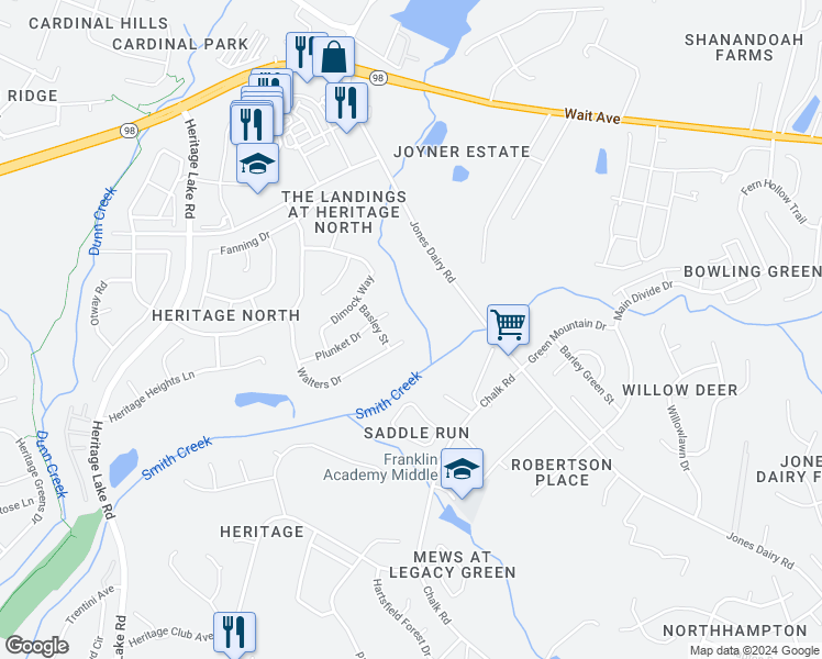 map of restaurants, bars, coffee shops, grocery stores, and more near 713 Walters Drive in Wake Forest