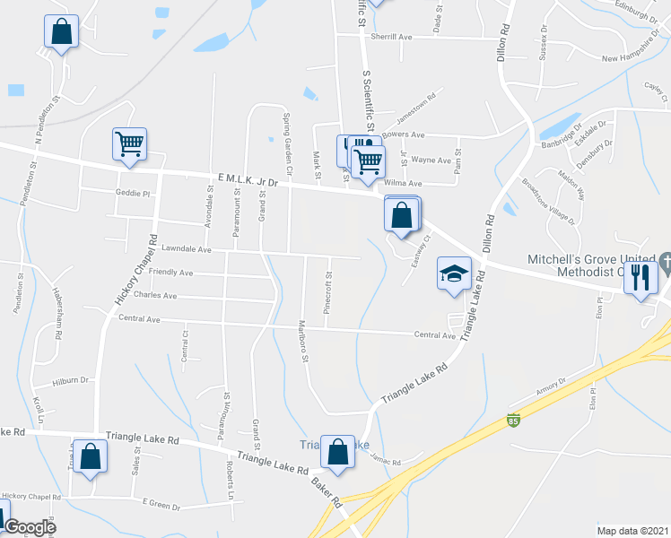 map of restaurants, bars, coffee shops, grocery stores, and more near 805 Pinecroft Street in High Point