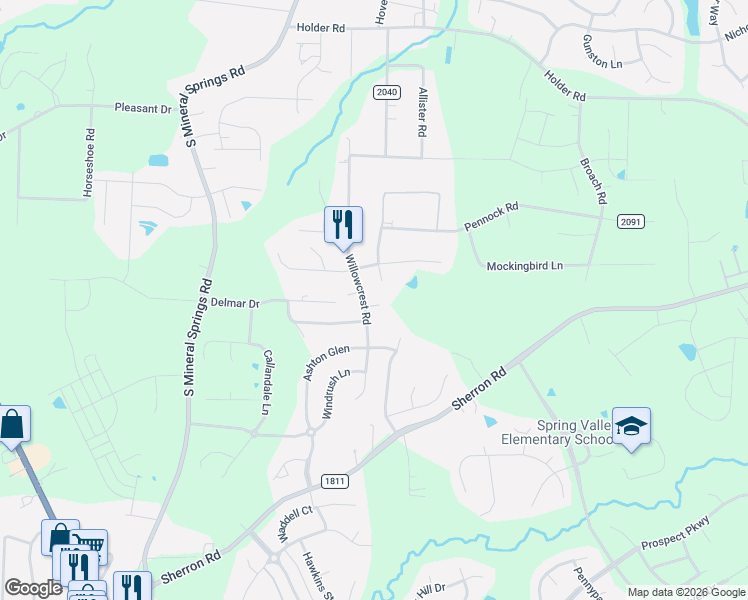 map of restaurants, bars, coffee shops, grocery stores, and more near 1497 Willowcrest Road in Durham