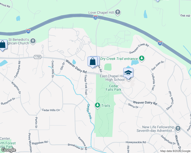 map of restaurants, bars, coffee shops, grocery stores, and more near 111 Round Tree Road in Chapel Hill