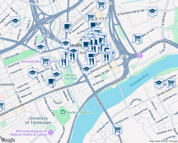 map of restaurants, bars, coffee shops, grocery stores, and more near in Knoxville