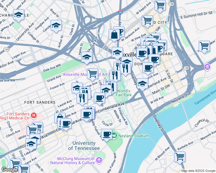map of restaurants, bars, coffee shops, grocery stores, and more near 1201 Clinch Avenue in Knoxville