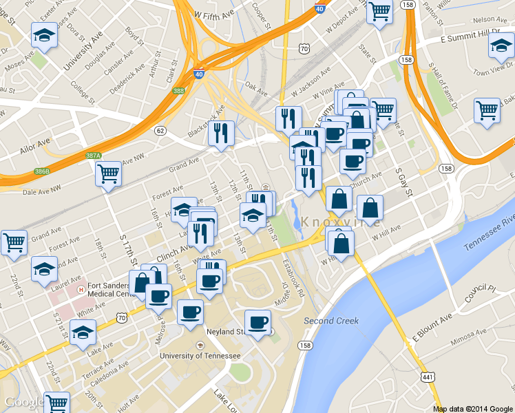 map of restaurants, bars, coffee shops, grocery stores, and more near 1201 Clinch Avenue in Knoxville