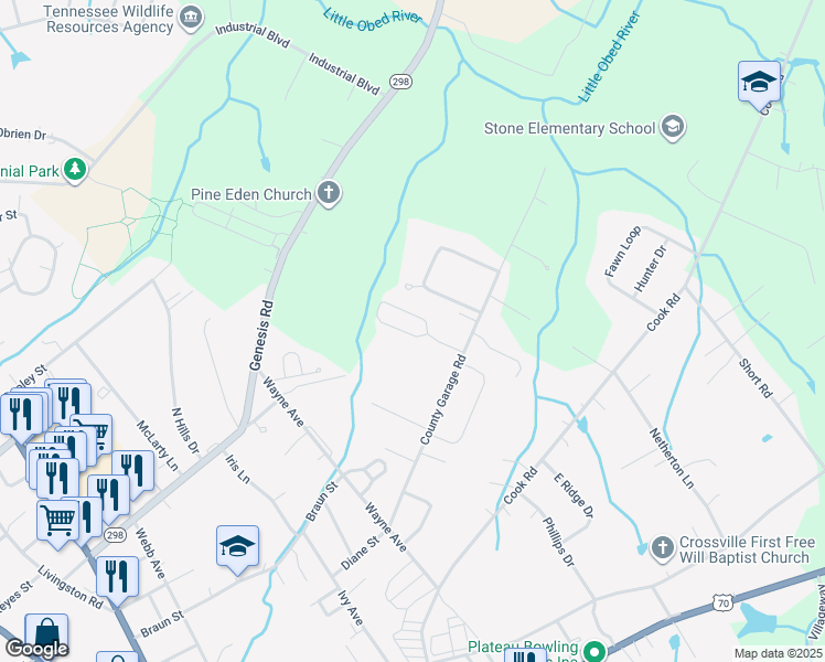 map of restaurants, bars, coffee shops, grocery stores, and more near 79 Bradford Drive in Crossville