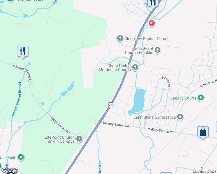 map of restaurants, bars, coffee shops, grocery stores, and more near 483 Franklin Road in Franklin