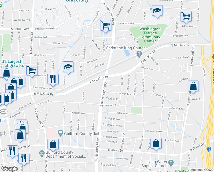map of restaurants, bars, coffee shops, grocery stores, and more near 1200 South Downing Street in High Point