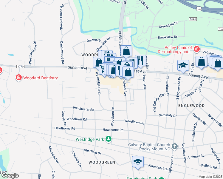 map of restaurants, bars, coffee shops, grocery stores, and more near 3612 Colonial Lane in Rocky Mount