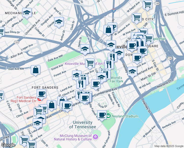 map of restaurants, bars, coffee shops, grocery stores, and more near 1337 Clinch Avenue in Knoxville