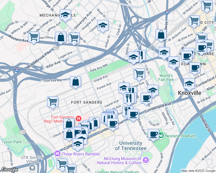 map of restaurants, bars, coffee shops, grocery stores, and more near 207 16th Street in Knoxville