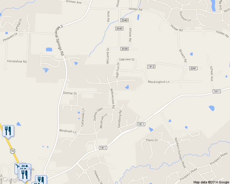 map of restaurants, bars, coffee shops, grocery stores, and more near 1497 Willowcrest Road in Durham