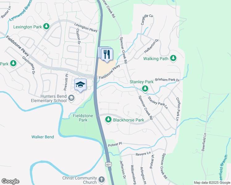 map of restaurants, bars, coffee shops, grocery stores, and more near 402 Landrake Close in Franklin
