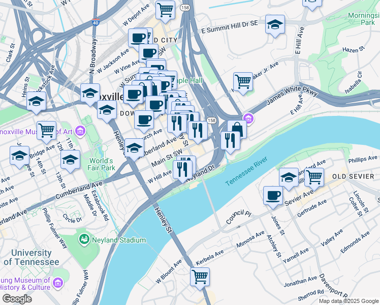 map of restaurants, bars, coffee shops, grocery stores, and more near 937 South Gay Street in Knoxville