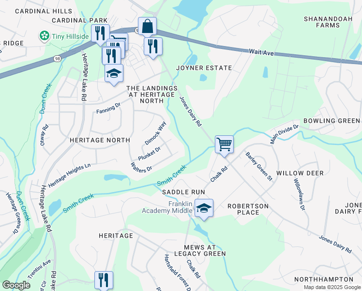 map of restaurants, bars, coffee shops, grocery stores, and more near 713 Walters Drive in Wake Forest