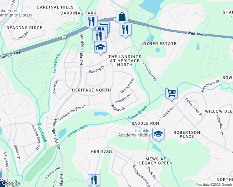 map of restaurants, bars, coffee shops, grocery stores, and more near 532 Dimock Way in Wake Forest