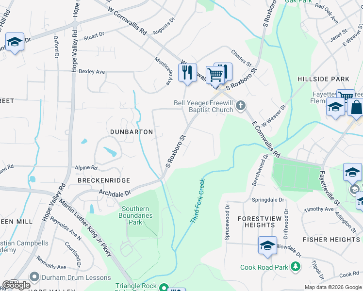 map of restaurants, bars, coffee shops, grocery stores, and more near 2821 South Roxboro Street in Durham
