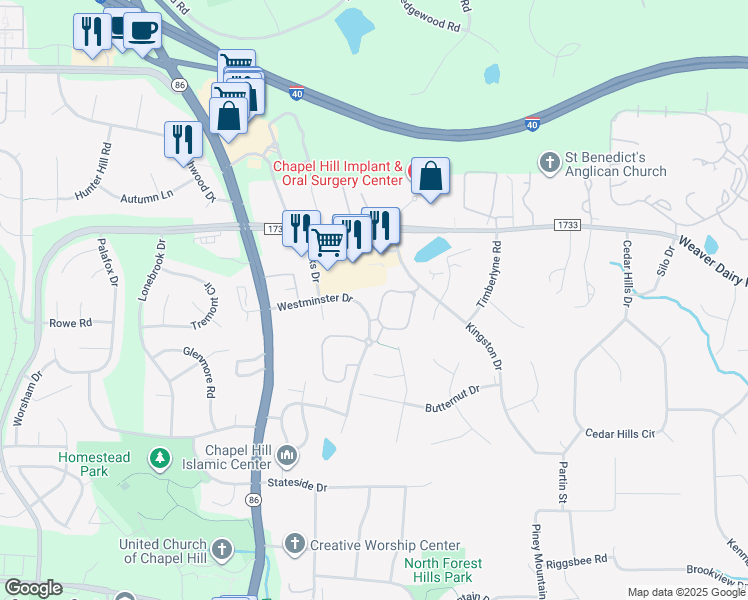 map of restaurants, bars, coffee shops, grocery stores, and more near 6000 Edisto Court in Chapel Hill