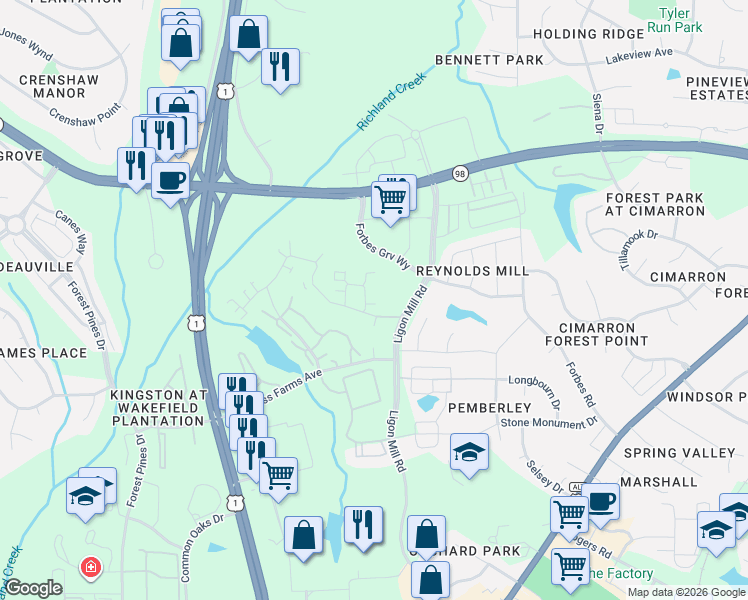 map of restaurants, bars, coffee shops, grocery stores, and more near 842 Blue Bird Lane in Wake Forest