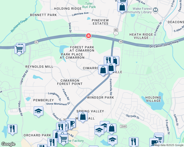 map of restaurants, bars, coffee shops, grocery stores, and more near Cimarron Parkway in Wake Forest