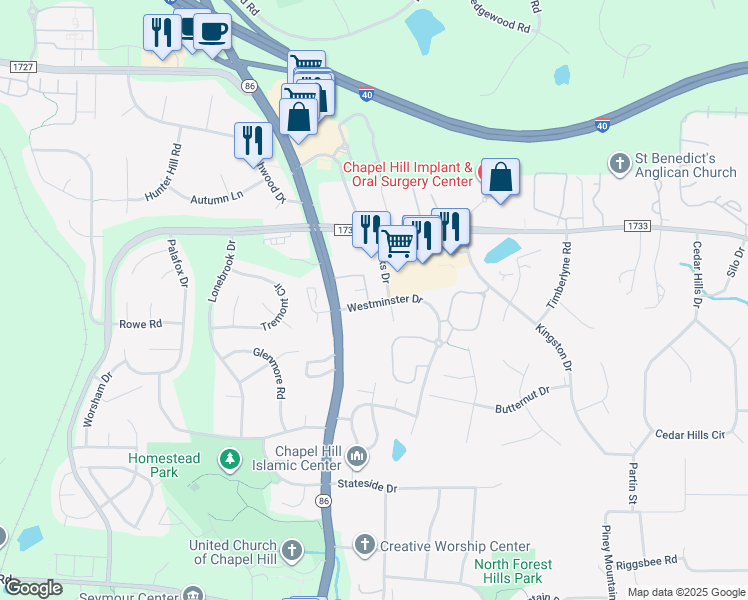map of restaurants, bars, coffee shops, grocery stores, and more near 200 Westminster Drive in Chapel Hill
