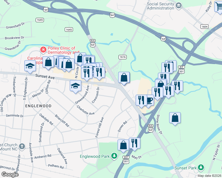 map of restaurants, bars, coffee shops, grocery stores, and more near 114 Forest Hill Avenue in Rocky Mount